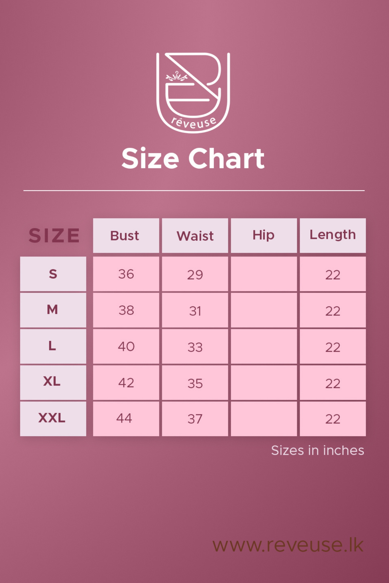 Elara side knot detailing top size chart
